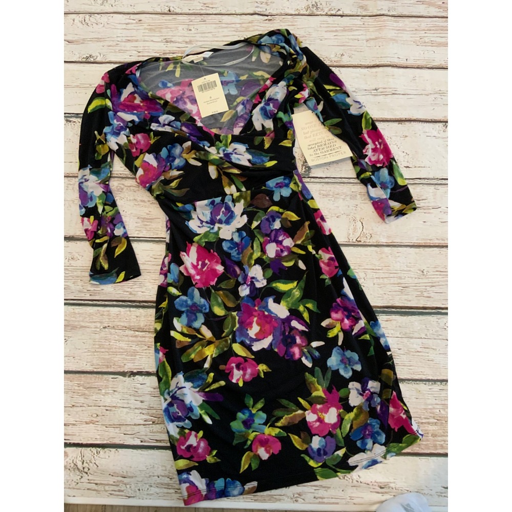 Boston Proper Parisian Floral Ruched Dress Black Multi 3/4‎ Sleeve Size 6 NWT
